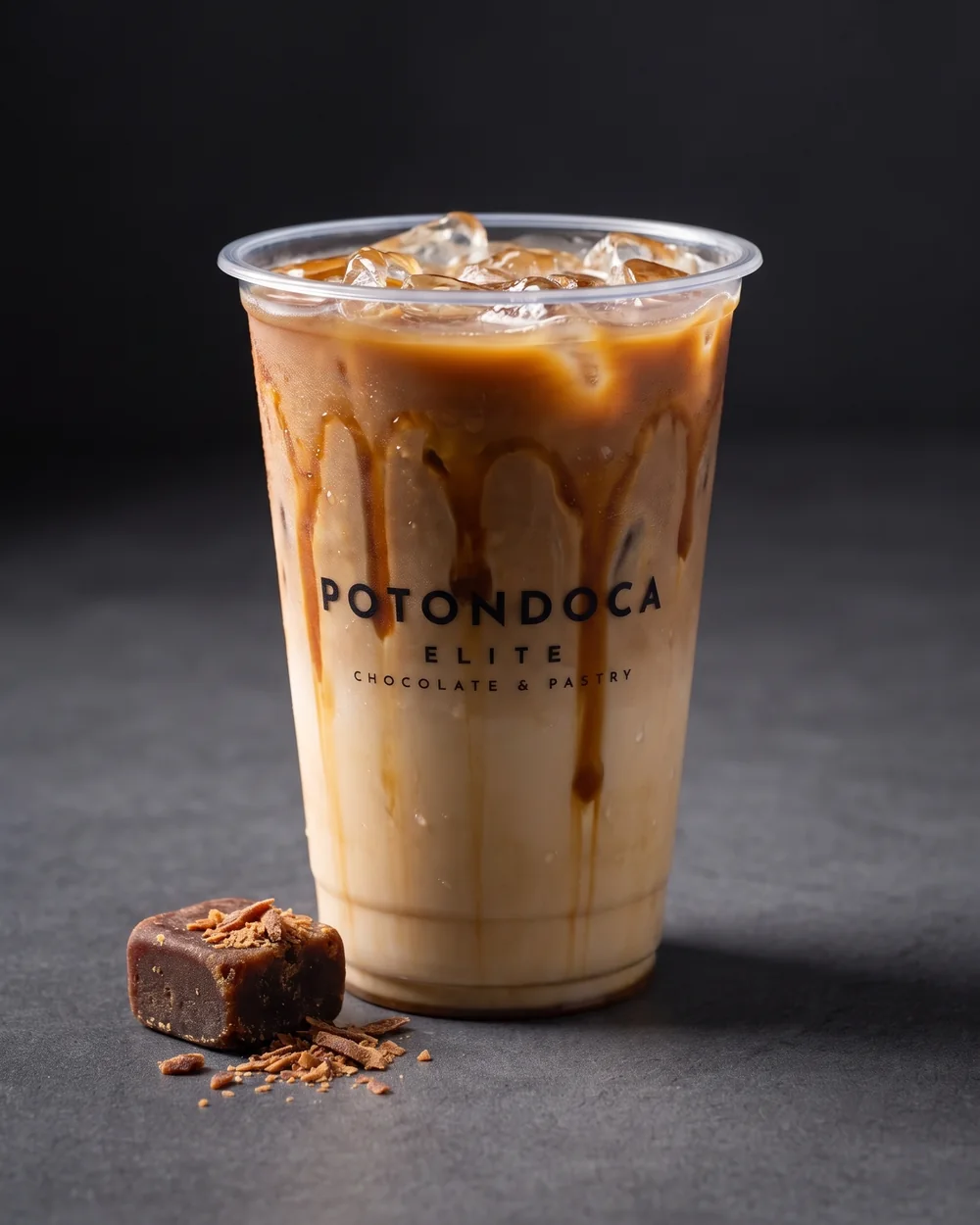 Aren latte Potondoca dengan gula aren di atas meja krem