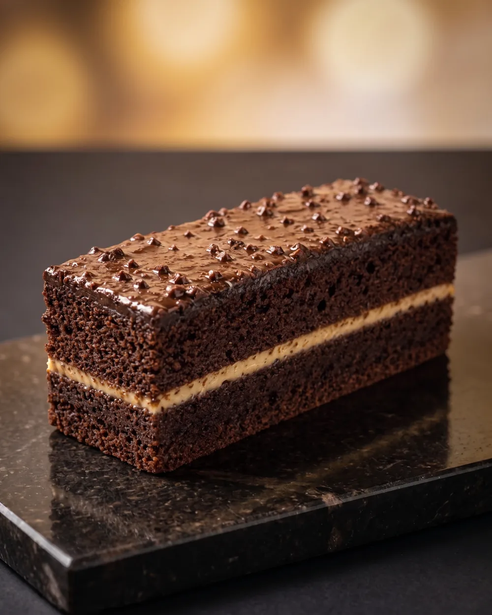 Hazelnut Brownie — brownie cokelat berlapis karamel di atas slab marmer gelap