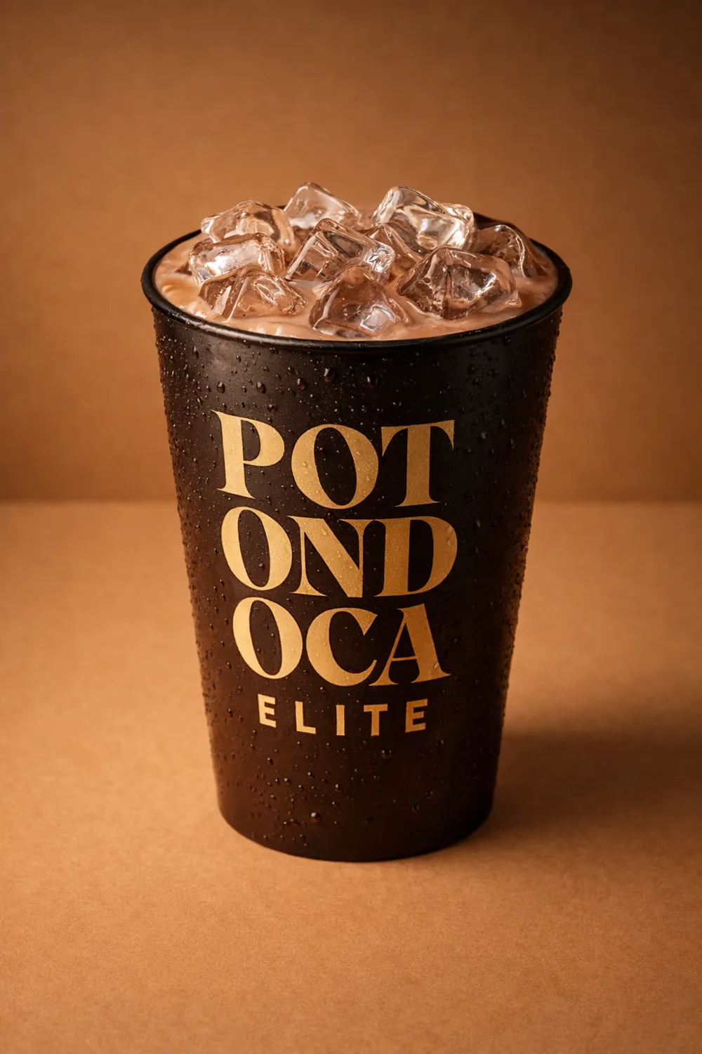 Signature chocolate drink dalam cup hitam-emas Potondoca